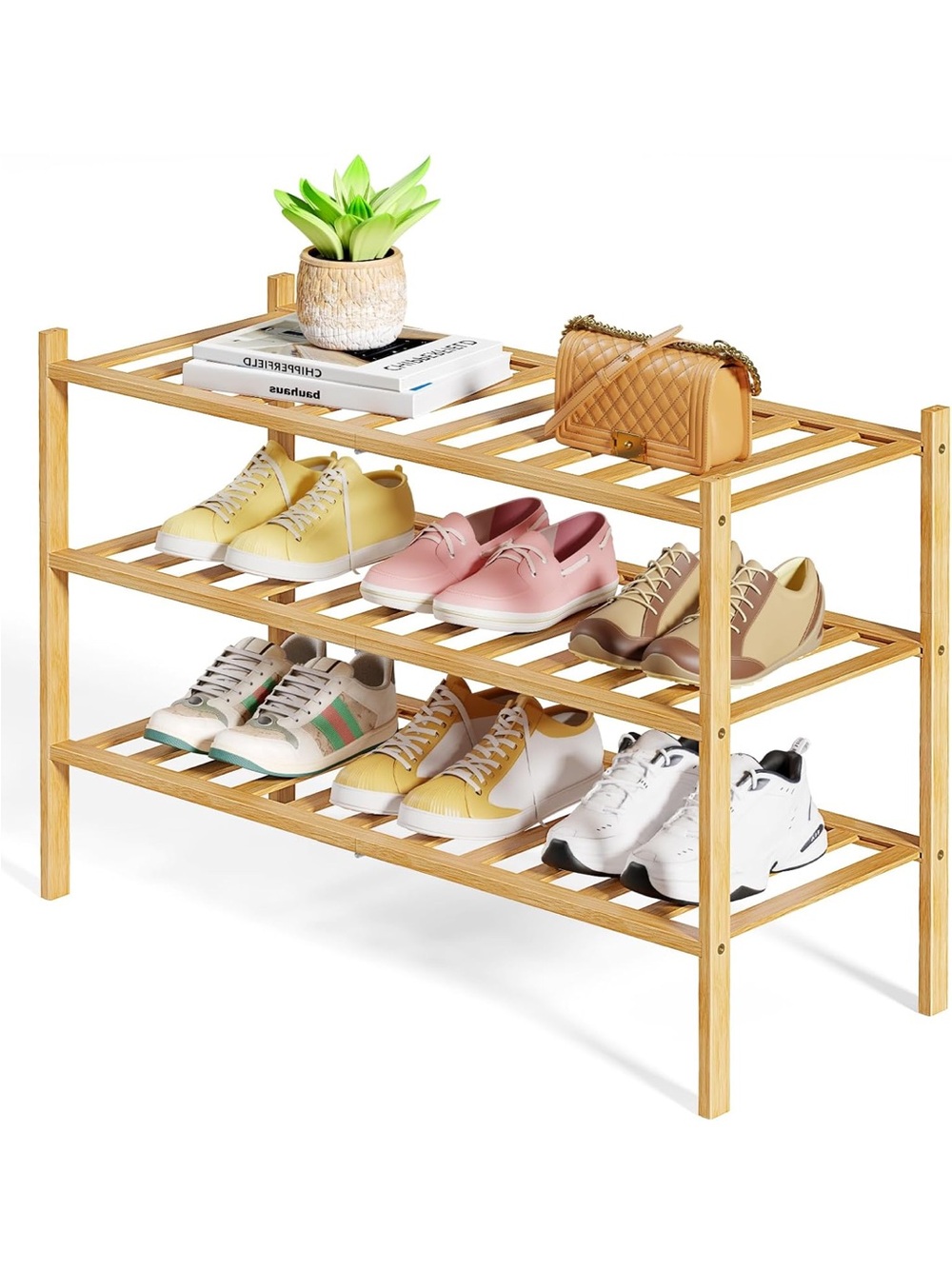 Wooden 3-Tier Shoe Rack Organizer in Natural Bamboo